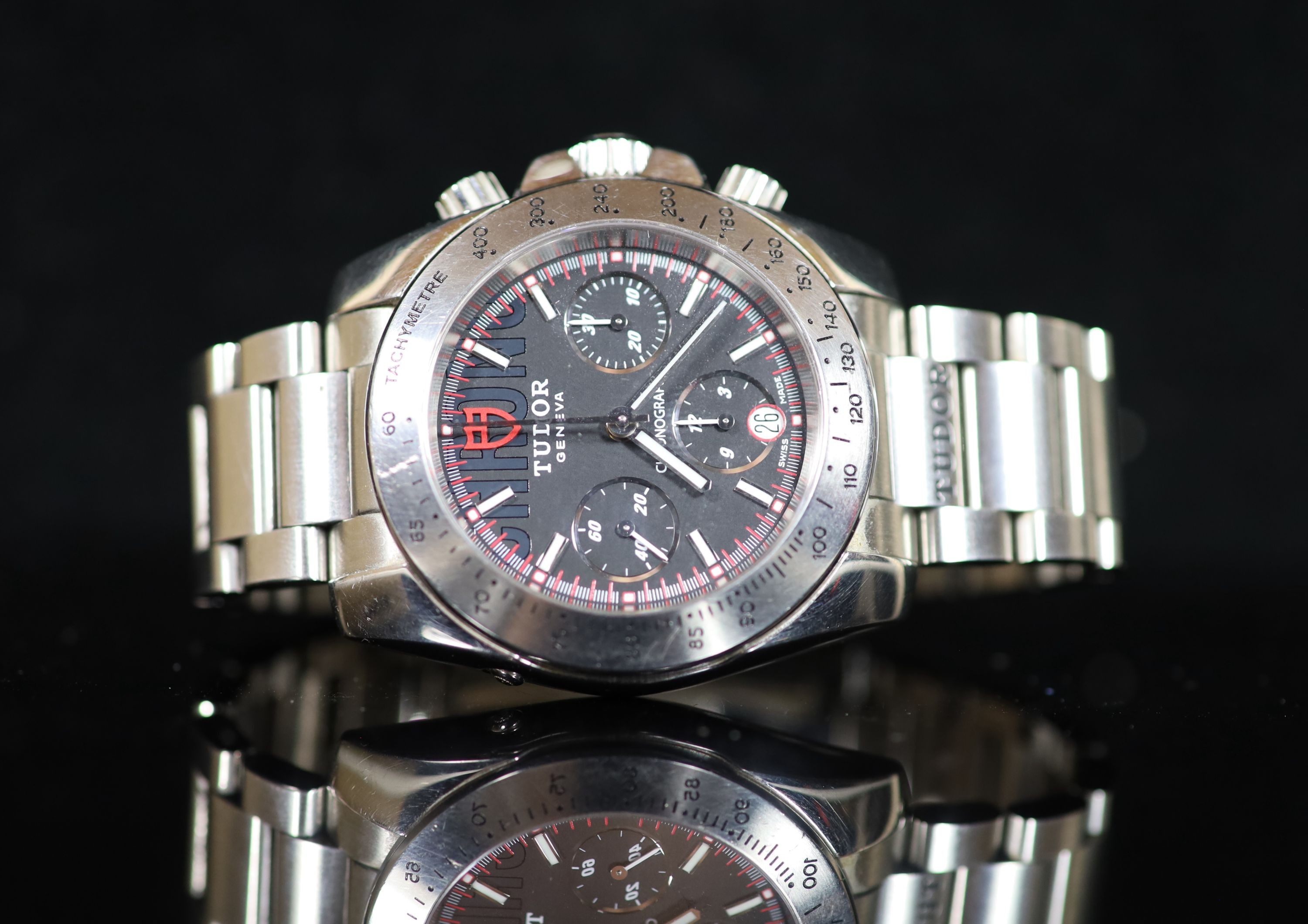 A gentleman's 2011 stainless steel Tudor Chronograph automatic wrist watch, on a stainless steel Tudor bracelet